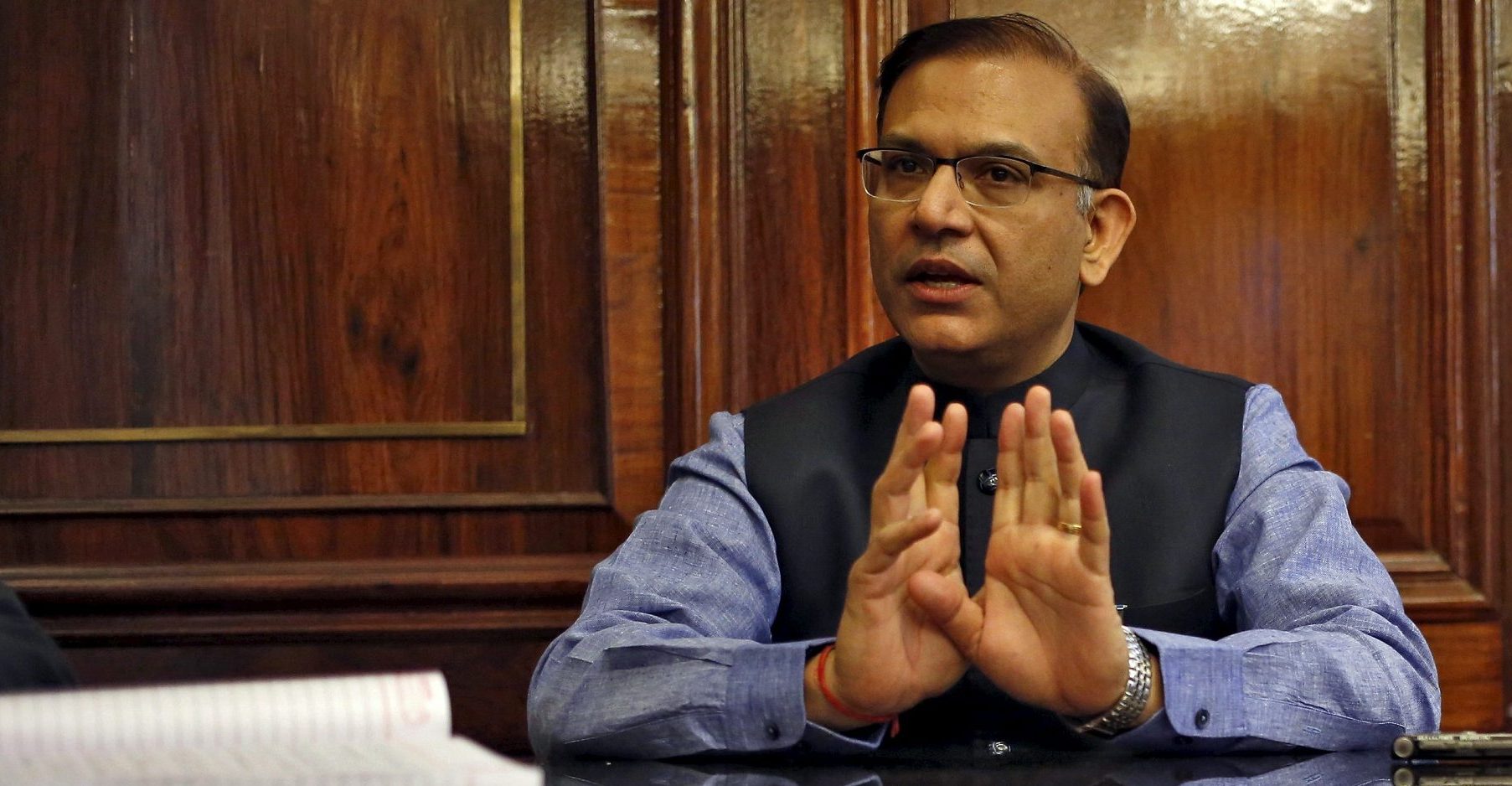 India's Junior Finance Minister Jayant Sinha gestures during an interview with Reuters in New Delhi, India, April 27, 2015. India will not take away the Reserve Bank of India's (RBI) power to regulate trade in government bonds even as it prepares to remove the central bank's responsibility for managing public debt, Sinha told Reuters in an interview. Picture taken April 27, 2015. REUTERS/Anindito Mukherjee - GF10000075747