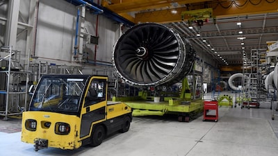 FILE PHOTO: Rolls-Royce Trent XWB engines, designed specifically for the Airbus A350 family of aircraft, are seen on the assembly line at the Rolls-Royce factory in Derby, November 30, 2016. REUTERS/Paul Ellis/Pool/File Photo