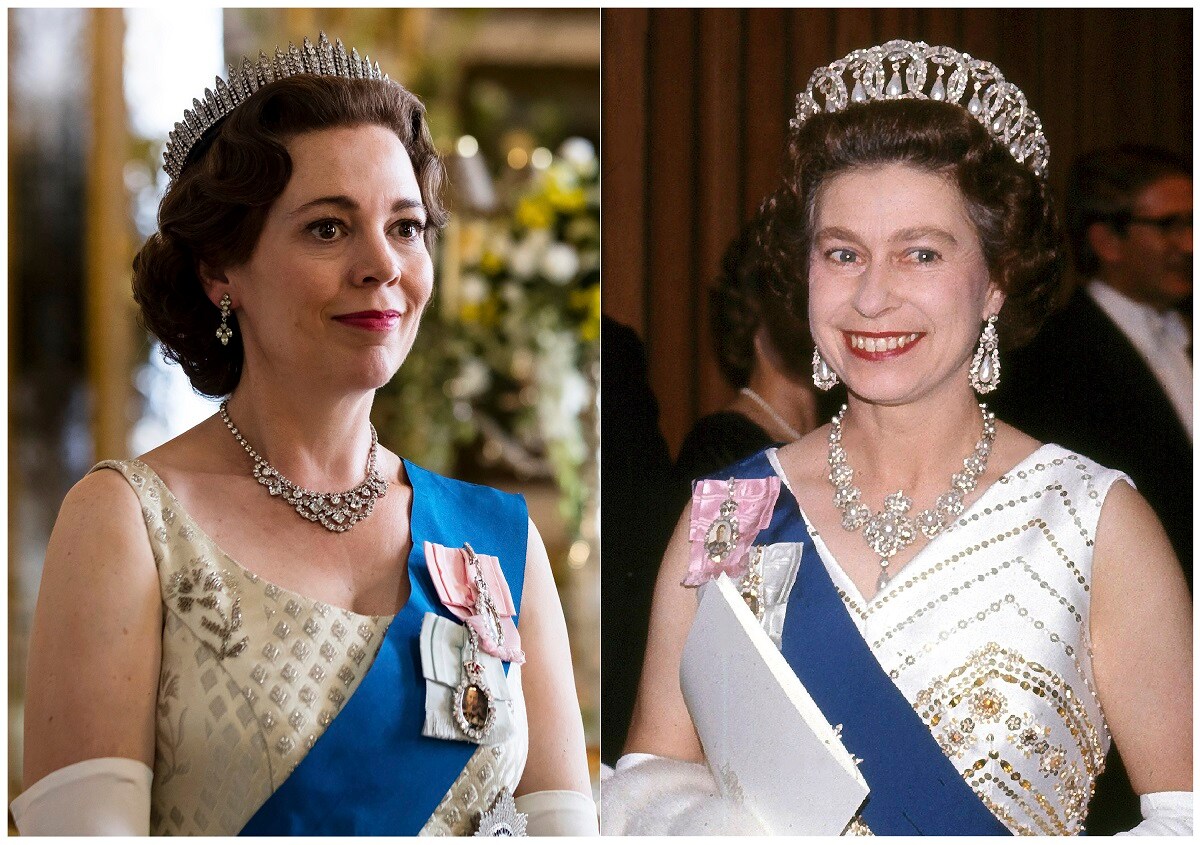 This combination of photos shows Olivia Colman portraying Queen Elizabeth II in a scene from the third season of "The Crown," left, and Queen Elizabeth II at the Sydney Opera House in Sydney, Australia on Oct. 20, 1973. The popular series based on the British royal family debuts Sunday on Netflix. (Netflix, left, and AP Photo)