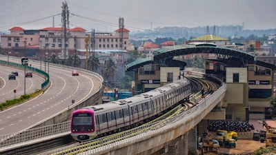 Bengaluru: A train runs on the Bengaluru Metro's Purple Line, which is fully operational now, in Bengaluru, Monday, Oct. 9, 2023. (PTI Photo) (PTI10_09_2023_000217B)
