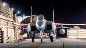 Israeli Air Force F-15 Eagle is pictured at an air base, said to be following an interception mission of an Iranian drone and missile attack on Israel, in this handout image released April 14, 2024. Israel Defense Forces./Reuters