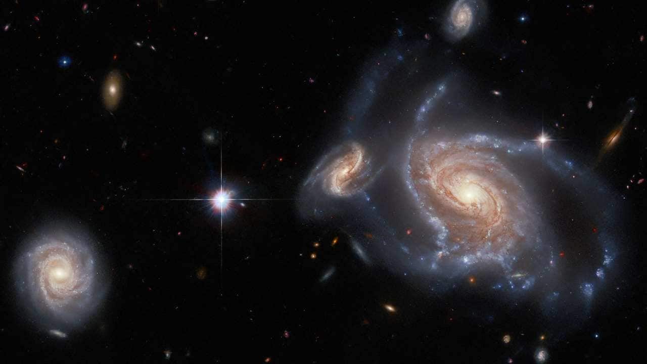 This image from the NASA/ESA Hubble Space Telescope features a richness of spiral galaxies: the large, prominent spiral galaxy on the right side of the image is NGC 1356; the two apparently smaller spiral galaxies flanking it are LEDA 467699 (above it) and LEDA 95415 (very close at its left) respectively; and finally, IC 1947 sits along the left side of the image.