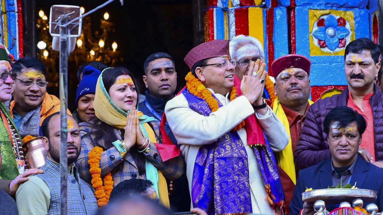 "It is an auspicious day for which we wait throughout the year. I welcome you all on the occasion. May you all be showered with the blessings of Baba Kedar," Dhami said, while addressing a gathering outside the temple after offering prayers. (Image: PTI)