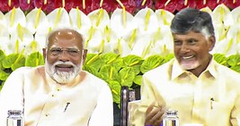 **EDS: VIDEO GRAB VIA SANSAD TV** New Delhi: Senior BJP leader Narendra Modi with TDP chief N. Chandrababu Naidu during the NDA parliamentary party meeting at Samvidhan Sadan, in New Delhi, Friday, June 7, 2024. (PTI Photo)(PTI06_07_2024_000172B)