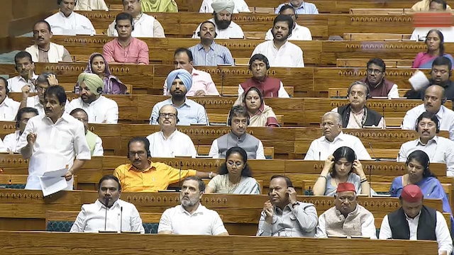 LoP in Lok Sabha Rahul Gandhi and other members look on as Congress MP K C Venugopal speaks in the House during the Monsoon session of Parliament, in New Delhi. (PTI)