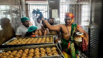 A priest performs the purification ritual 'Shanti Homam Panchagavya Prokshana' to undo the alleged desecrations that occurred at Sri Venkateswara Swamy Temple during YSRCP government, at Tirumala in Tirupati district, Andhra Pradesh. (Image: PTI)