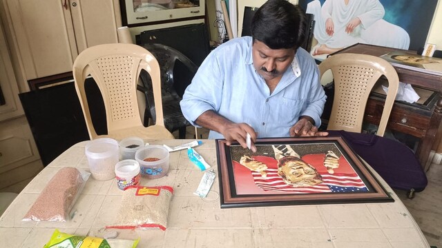 In a unique tribute to Donald Trump's victory in the 2024 US Presidential election, an artist from Visakhapatnam has created an extraordinary portrait of the new President using millet grains. Moka Vijay Kumar, a renowned "millet artist," used his innovative technique to craft the portrait of Trump, using seven varieties of millets. Known for his unconventional artistic style, Kumar's tribute highlights his respect for the US President. (Image: Local18)