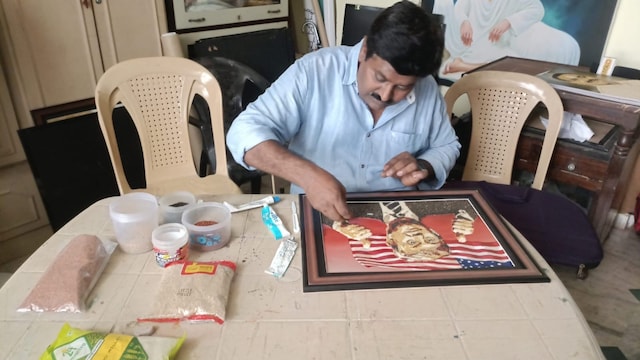 Kumar, who works for the Indian Railways, made a name for himself with his millet-based portraits, a craft he developed after initially experimenting with simple drawings. Over time, he honed his skills to create intricate and detailed images of famous figures using the humble grain. (Image: Local18)