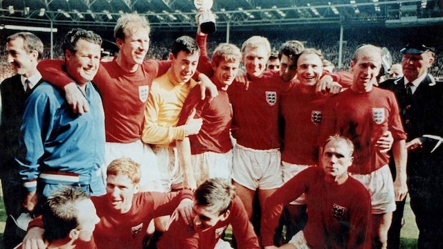 Victorious English footballers are all smiles as they celebrate their World Cup victory with the Jules Rimet trophy at Wembley Stadium. (Image: Reuters)