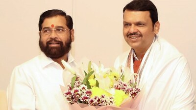 Maharashtra Chief Minister Devendra Fadnavis with Shiv Sena leader Eknath Shinde during a meeting, in Mumbai. (PTI Photo)