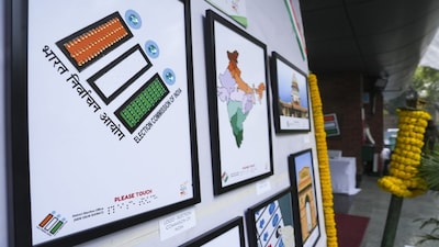 New Delhi: A polling station themed on a project for visually-impaired individuals, by District Election Office, seen on the eve of the Delhi Assembly elections, in New Delhi, Tuesday, Feb. 4, 2025. (PTI Photo/Arun Sharma)(PTI02_04_2025_000294A)
