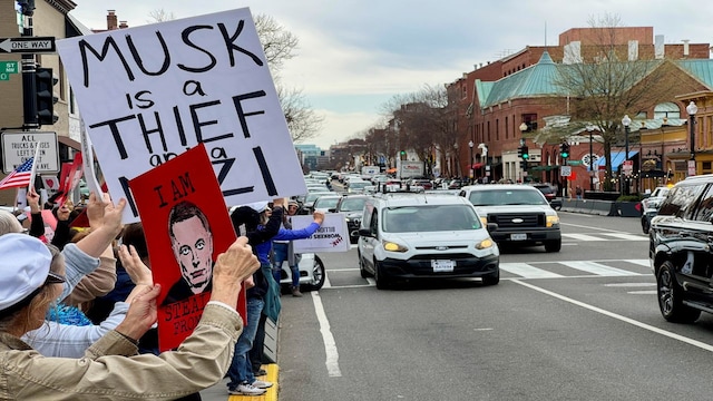 WATCH: Anti-Elon Musk protesters rally outside tesla dealership in ...