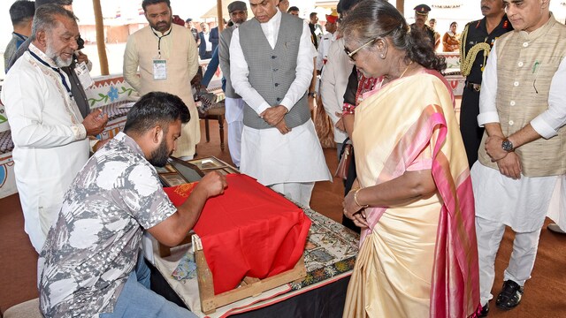 To conclude her visit, President Murmu planted saplings on the premises of the Dholavira site as part of her engagement with the site’s preservation efforts. The event was attended by Gujarat Governor Acharya Devvrat, Minister in charge of Kutch Praful Pansheriya, Kutch District Collector Amit Arora, and other senior officials. (Image: PTI)