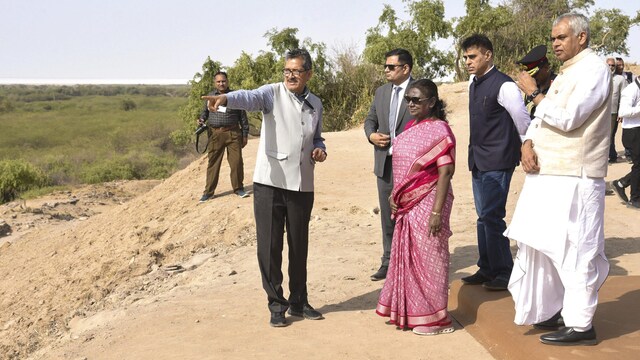 She was given detailed insights into the Harappan culture, the housing systems, water storage and disposal methods, and the impressive fortifications of the ancient metropolis. "She was overwhelmed by seeing the ancient bead-making factory, well-planned stepwell, upper town, middle town, and lower town," the government release stated. (Image: PTI)