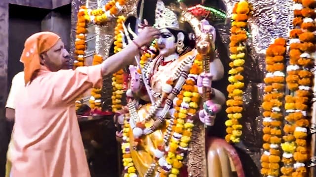 UP Chief Minister Yogi Adityanath on Ashthami of Vasantik Navratri, offered prayers at the Mata Paateshwari Shakti Peeth in Balrampur district, (Image: PTI)