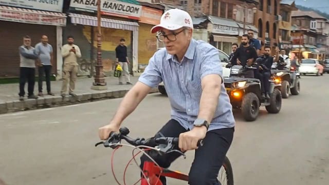 The family's cycling expedition, covering 2.5 km, took place just over a month after a terrorist attack that resulted in 26 fatalities. This bike ride, starting from a hotel en route to the base camp for the approaching annual Amarnath Yatra, followed a special cabinet meeting led by the chief minister. (Image: PTI) The family's cycling expedition, covering 2.5 km, took place just over a month after a terrorist attack that resulted in 26 fatalities. This bike ride, starting from a hotel en route to the base camp for the approaching annual Amarnath Yatra, followed a special cabinet meeting led by the chief minister. (Image: PTI)