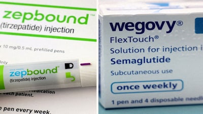 FILE PHOTO: A combination image shows an injection pen of Zepbound, Eli Lilly's weight loss drug, and boxes of Wegovy, made by Novo Nordisk. REUTERS/Hollie Adams/Brendan McDermid