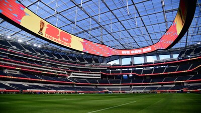 Mar 13, 2025; Inglewood, California, USA; during the unveiling of the new test soccer pitch in anticipation of Nations League play and 2026 World Cup at SoFi Stadium. Mandatory Credit: Gary A. Vasquez-Imagn Images