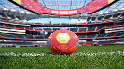 Mar 13, 2025; Inglewood, California, USA; LA World Cup 2026 ball pictured during the unveiling of the new test soccer pitch in anticipation of Nations League play and 2026 World Cup at SoFi Stadium. Mandatory Credit: Gary A. Vasquez-Imagn Images