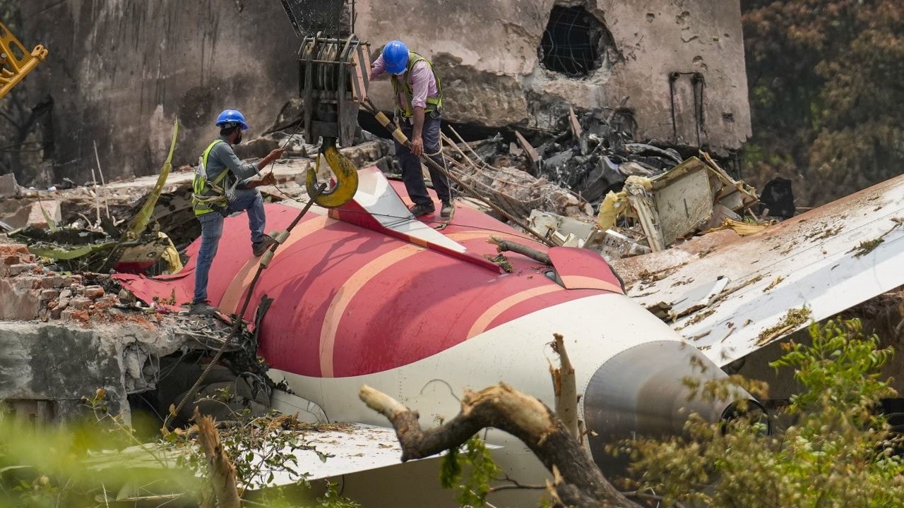 Ahmedabad: Wreckage of the crashed Air India plane being lifted through a crane, in Ahmedabad, Gujarat, Saturday, June 14, 2025. /PTI