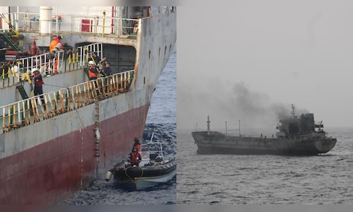 Indian Navy's INS Tabar rescues 14 crew members after oil tanker catches fire in Gulf of Oman