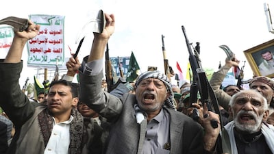 Houthi supporters chant slogans during a weekly anti-Israel rally in Sanaa, Yemen, Friday, Aug. 29, 2025. (AP Photo/Osamah Abdulrahman)