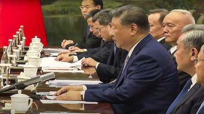 **EDS: THIRD PARTY IMAGE** In this screenshot from a video released on Aug. 31, 2025, Chinese President Xi Jinping during a meeting with Prime Minister Narendra Modi, in Tianjin, China. (PMO via PTI Photo)(PTI08_31_2025_000028A)