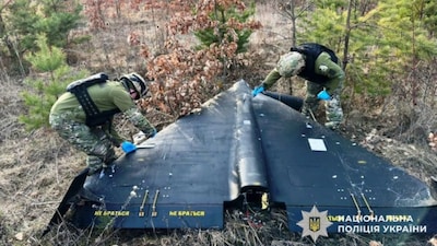 Russian drone Geranium (Shahed 136), found in Vinnytsia region of Ukraine in March 2024. (Image: Ukraine Police) 