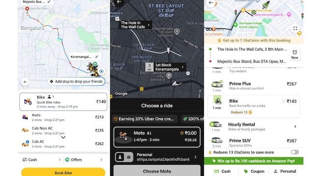 Screenshots of Ola, Uber, and Rapido resuming bike services in Bengaluru
