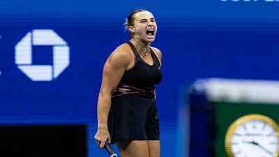 Sep 4, 2025; Flushing, NY, USA; Aryna Sabalenka of Belarus in action against Jessica Pegula of the United States in the semifinal of the women’s singles at the US Open at Arthur Ashe Stadium in Billie Jean King National Tennis Center. Mandatory Credit: Mike Frey-Imagn Images
