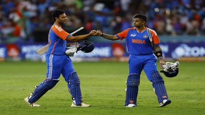 Cricket - Asia Cup - Group A - India v Pakistan - Dubai International Cricket Stadium, Dubai, United Arab Emirates - September 14, 2025 India's Suryakumar Yadav and Shivam Dube celebrate winning the match REUTERS/Raghed Waked