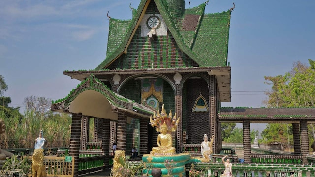 Beer Bottle Temple, Thailand | Built from more than a million recycled beer bottles, primarily Heineken and Chang, this temple in Sisaket Province is also known as Wat Pa Maha Chedi Kaew. This eco-friendly, shimmering wonder took almost 20 years to build. Beer Bottle Temple, Thailand | Built from more than a million recycled beer bottles, primarily Heineken and Chang, this temple in Sisaket Province is also known as Wat Pa Maha Chedi Kaew. This eco-friendly, shimmering wonder took almost 20 years to build.