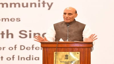 **EDS: THIRD PARTY IMAGE** In this image posted on Sept. 22, 2025, Union Defence Minister Rajnath Singh addresses members of the Indian community, in Rabat, Morocco. (@DefenceMinIndia/X via PTI Photo) (PTI09_22_2025_000026B)