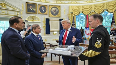 **EDS: THIRD PARTY IMAGE** In this image received on Sept. 26, 2025, US President Donald Trump during a meeting with Pakistan Prime Minister Shehbaz Sharif and Field Marshal Asim Munir at the White House, in Washington, DC, USA.
PTI Image