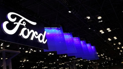 FILE PHOTO: A Ford automobile logo is seen during the New York International Auto Show Press Preview in New York City, U.S., April 16, 2025. REUTERS/Shannon Stapleton/File Photo
