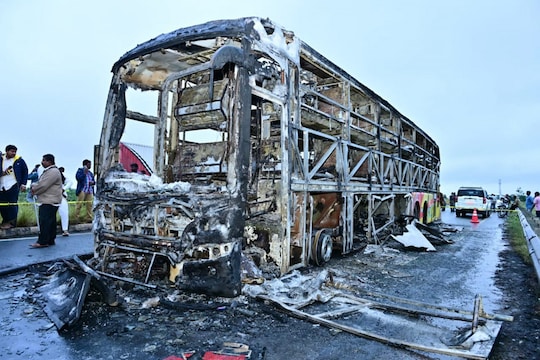 Kurnool: Charred remains of a Hyderabad-bound private bus that caught fire after a collision with a two-wheeler, near Chinnatekur in Kurnool district, Andhra Pradesh, Friday, Oct. 24, 2025. At least 12 people were killed in the accident. (PTI Photo)(PTI10_24_2025_000003B)