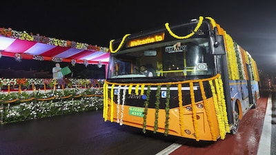 **EDS: THIRD PARTY IMAGE** In this image released on Oct. 30, 2025, Prime Minister Narendra Modi flags off E-buses during an event at Ekta Nagar, in Kevadia, Narmada district, Gujarat. (PMO via PTI Photo) (PTI10_30_2025_000518B)
