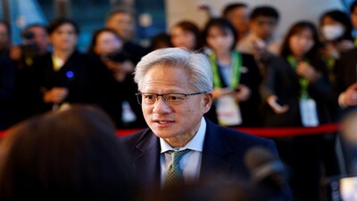 Jensen Huang, CEO of Nvidia, speaks in a media scrum after the 2025 Asia-Pacific Economic Cooperation (APEC) CEO Summit in Gyeongju, South Korea, October 31, 2025. REUTERS/Kim Soo-hyeon