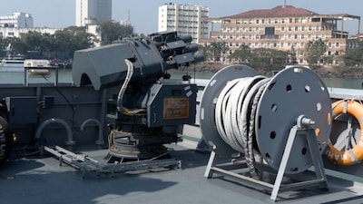 4. INS Mahe’s Anti-Torpedo Decoy System (ATDS), placed on its upper deck, is fitted with two six-barrelled launchers. The ATDS launchers detect and eliminate any torpedo aimed at INS Mahe.