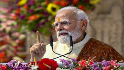 **EDS: THIRD PARTY IMAGE** In this screenshot from a video posted on Nov. 25, 2025, Prime Minister Narendra Modi speaks during the Dhwajarohan ceremony at the Ram Temple, in Ayodhya, Uttar Pradesh. (@NarendraModi/YT via PTI Photo)(PTI11_25_2025_000143B)