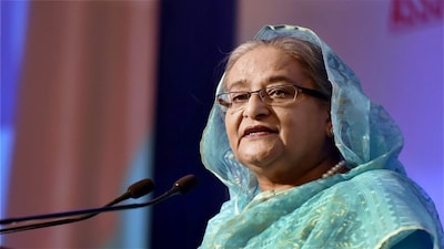 **EDS: FILE PHOTO** New Delhi: In this April 10, 2017 file photo, Bangladesh Prime Minister Sheikh Hasina addresses Indo-Bangladesh Business Forum, in New Delhi. Hasina was on Wednesday, July 2, 2025, sentenced to six months in prison in a contempt of court case by the International Crimes Tribunal, while it now tries her on a major charge of committing crimes against humanity in absentia. (PTI Photo/Vijay Varma) (PTI07_02_2025_000276B)