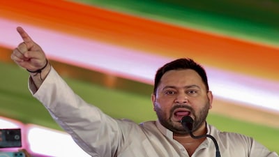 **EDS: THIRD PARTY FILE IMAGE** In this file image released on Aug. 17, 2025, RJD leader Tejashwi Yadav addresses a rally as part of 'Voter Adhikar Yatra', in Sasaram, Bihar. (AICC via PTI Photo) (PTI11_14_2025_000436B)