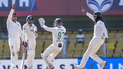 South Africa's Senuran Muthusamy, extreme left, with teammates celebrates the wicket of India's Sai Sudharsan during the fifth day of the second Test cricket match between India and South Africa, at ACA Stadium, Barsapara in Guwahati, Wednesday, Nov. 26, 2025. (PTI Photo/Shahbaz Khan)