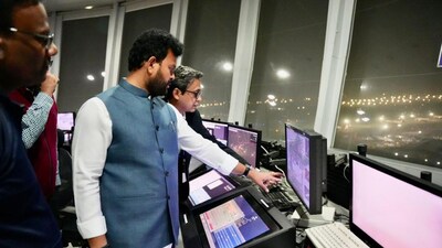 Civil Aviation Minister K Rammohan Naidu inspecting Delhi Airport's air traffic control system on November 8, 2025. 