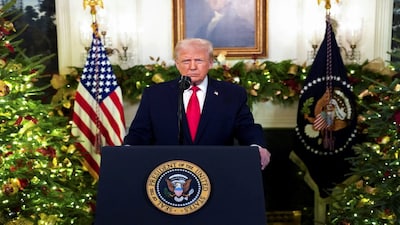 President Donald Trump delivers an address to the nation from the Diplomatic Reception Room of the White House, in Washington, D.C., U.S., Wednesday, Dec. 17, 2025. Doug Mills/Pool via REUTERS REFILE - QUALITY REPEAT