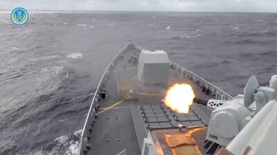 A ship fires a weapon during drills east of Taiwan, in this screenshot from a video released by the Eastern Theatre Command of China's People's Liberation Army (PLA) on December 29, 2025. Eastern Theatre Command/Handout via REUTERS