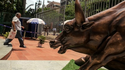 A bronze bull statue stands at the entrance to the Bombay Stock Exchange (BSE) building in Mumbai, India, on Monday, Jun 3, 2024. Photographer: Dhiraj Singh/Bloomberg

Dalal Street, markets, stock markets, sensex nifty