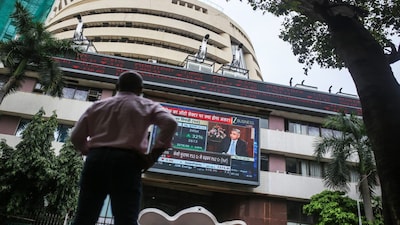 A screen displaying stock numbers outside the Bombay Stock Exchange (BSE) building in Mumbai, India, on Thursday, Jul. 31, 2024.Photographer: Dhiraj Singh/BloomberDalal Street, markets, stock markets, sensex nifty