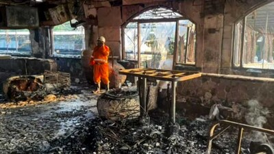 Charred remains at the nightclub where a fire broke out due to a cylinder blast, in North Goa district. (PTI)
