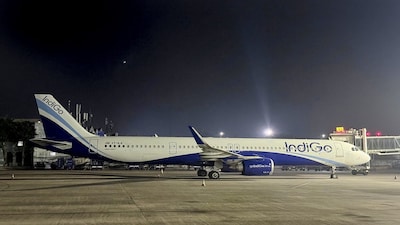 Raipur: An IndiGo passenger flight at Swami Vivekananda Airport in Raipur, Chhattisgarh, late Thursday, Dec. 4, 2025. Passengers were left stranded as IndiGo cancelled numerous flights while struggling to meet new crew rostering rules, a day after it scrapped several services and announced schedule adjustments. (PTI Photo/Kunal Patil)(PTI12_05_2025_000004B)